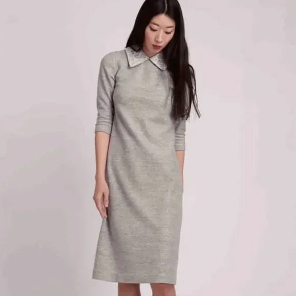 Anthropologie Leonor Silva Etain Dress Gray 3/4 Sleeves Lace Collar Women Large - Picture 1 of 16